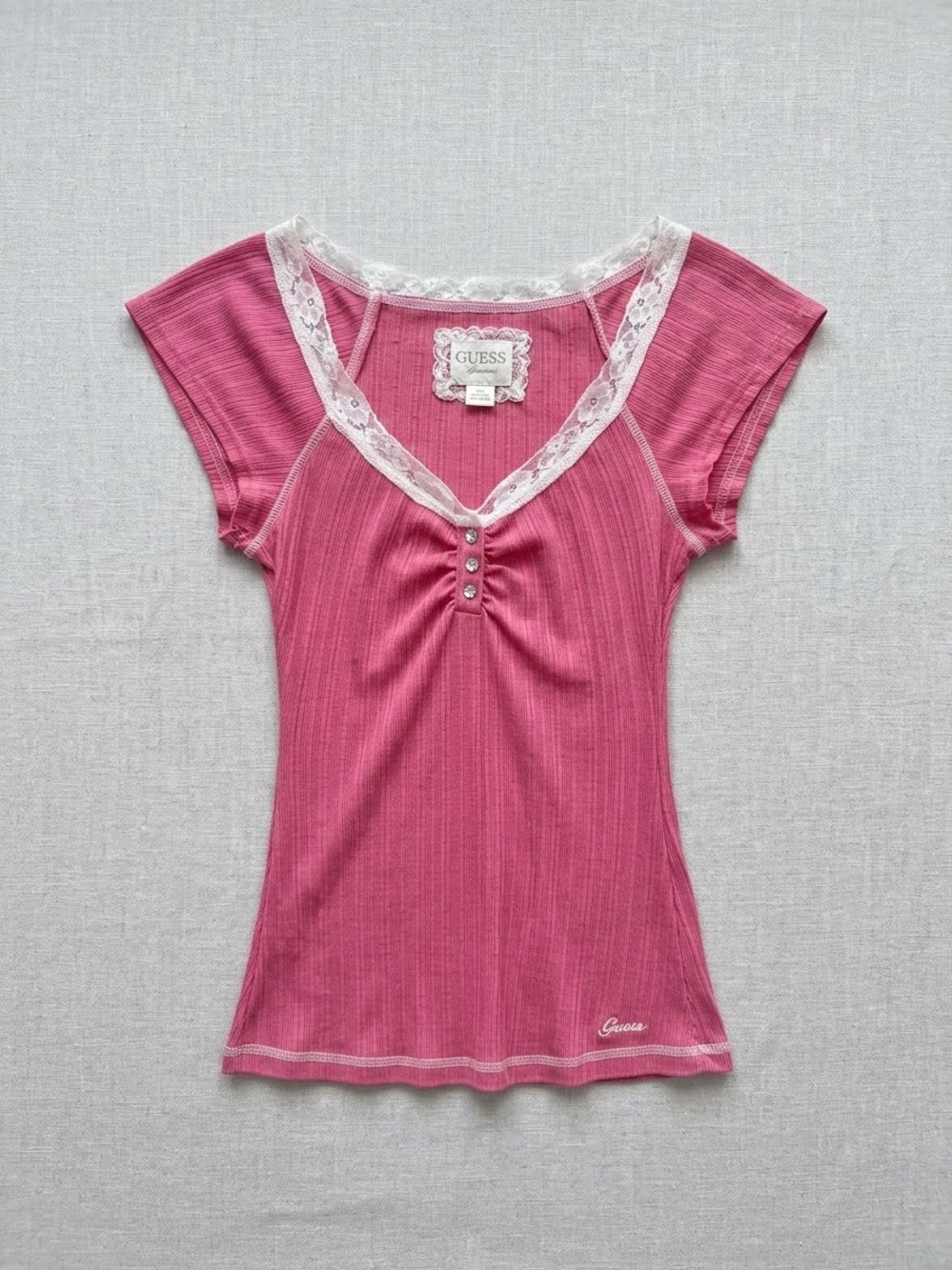 VTG Guess Jeans Y2K Pink Ribbed Lace Trim Henley Top S Rhinestone Coquette